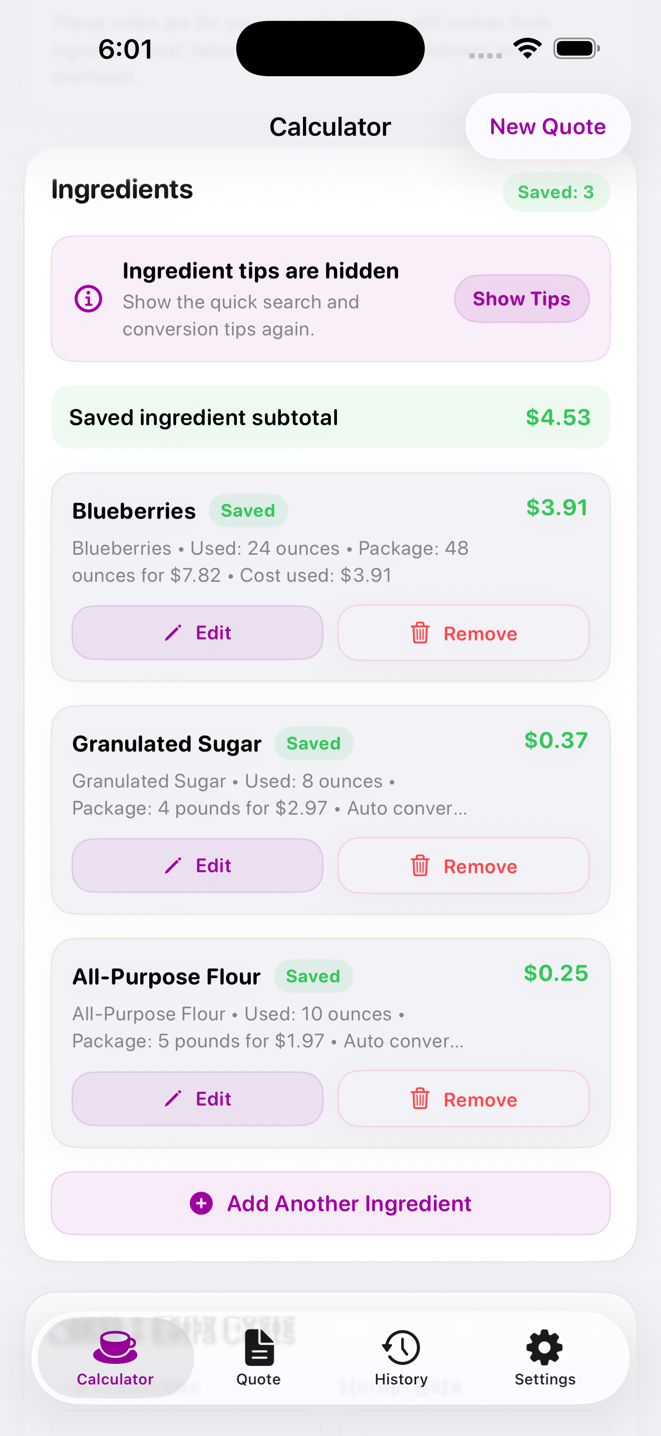 BatterProfit saved ingredient subtotal screen
